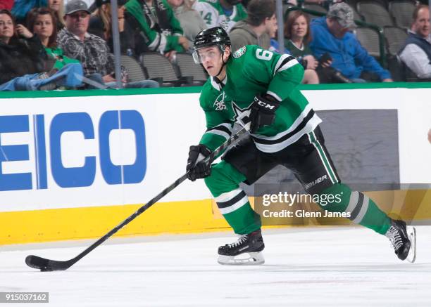 Julius Honka of the Dallas Stars handles the puck against the Minnesota Wild at the American Airlines Center on February 3, 2018 in Dallas, Texas.