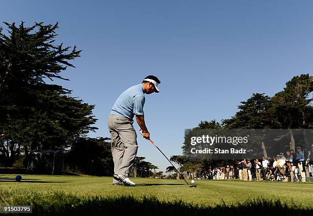 Yang hits a tee shot during practice for The Presidents Cup at Harding Park Golf Club on October 6, 2009 in San Francisco, California.