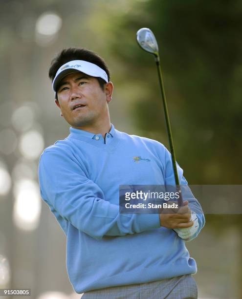 Yang hits a tee shot during practice for The Presidents Cup at Harding Park Golf Club on October 6, 2009 in San Francisco, California.