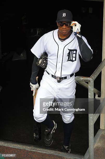 Curtis Granderson of the Detroit Tigers walks up the dugout steps before the game against the Chicago White Sox at Comerica Park on October 4, 2009...
