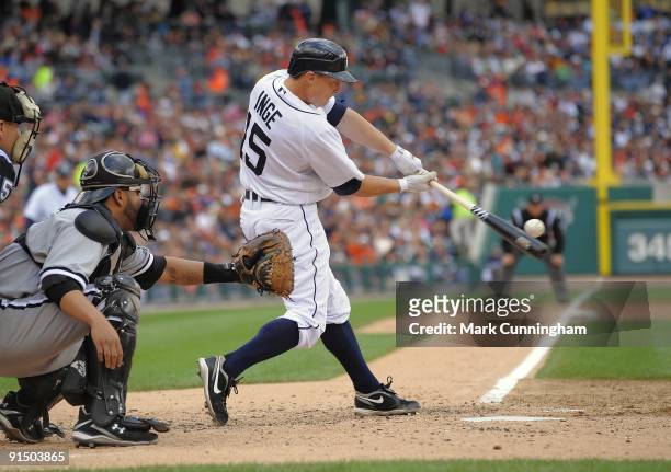Brandon Inge of the Detroit Tigers bats against the Chicago White Sox during the game at Comerica Park on October 4, 2009 in Detroit, Michigan. The...