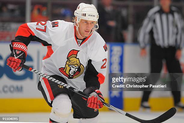 Alex Kovalev of the Ottawa Senators skates during the second period against the New York Rangers at Madison Square Garden on October 3, 2009 in New...