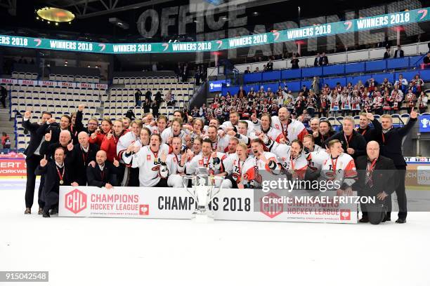 Jyvaskyla's players celebrate after winning the Champions Hockey League final match between Vaxjo Lakers and JYP Jyvaskyla at the Vida Arena in...