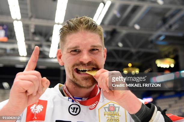 Jyvaskyla's Janne Kolehmainen celebrates after his team won the Champions Hockey League final match between Vaxjo Lakers and JYP Jyvaskyla at the...