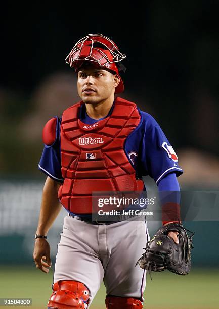 Ivan Rodriguez of the Texas Rangers walks back to the dugout against the Los Angeles Angels of Anaheim at Angel Stadium on September 29, 2009 in...
