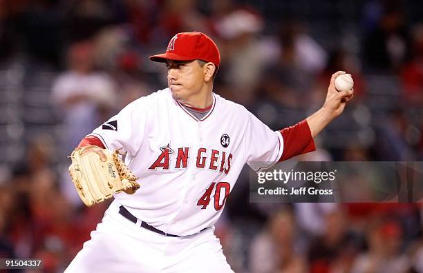 Brian Fuentes of the Los Angeles Angels of Anaheim pitches against the Texas Rangers at Angel Stadium on September 29, 2009 in Anaheim, California.