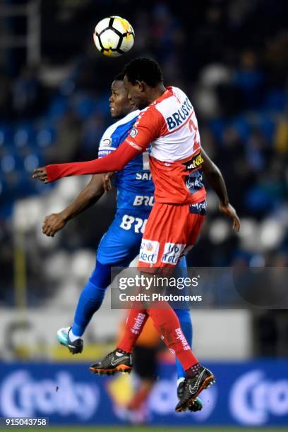 Ally Mbwana Samatta forward of KRC Genk battles for the ball with Bennard Kumordzi defender of KV Kortrijk during the Croky Cup semi final return...