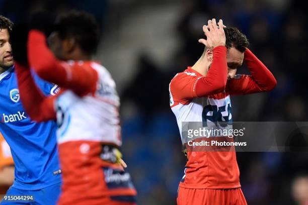 Idir Ouali forward of KV Kortrijk shows dejection during the Croky Cup semi final return match between KRC Genk and KV Kortrijk on February 06, 2018...