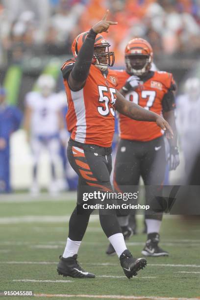 Vontaze Burfict of the Cincinnati Bengals celebrates a defensive stop during the game against the Buffalo Bills at Paul Brown Stadium on Ocotber 8,...