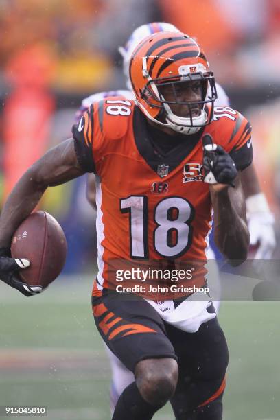 Green of the Cincinnati Bengals runs the football upfield during the game against the Buffalo Bills at Paul Brown Stadium on Ocotber 8, 2017 in...