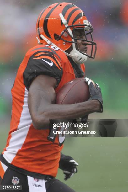 Green of the Cincinnati Bengals runs the football upfield during the game against the Buffalo Bills at Paul Brown Stadium on Ocotber 8, 2017 in...