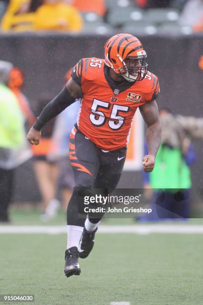 Vontaze Burfict of the Cincinnati Bengals celebrates a defensive stop during the game against the Buffalo Bills at Paul Brown Stadium on Ocotber 8,...