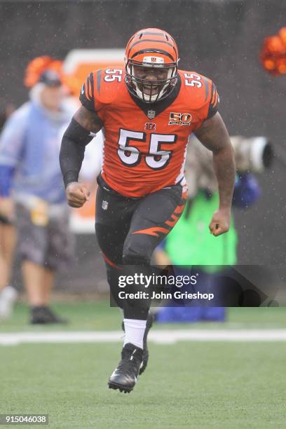 Vontaze Burfict of the Cincinnati Bengals celebrates a defensive stop during the game against the Buffalo Bills at Paul Brown Stadium on Ocotber 8,...