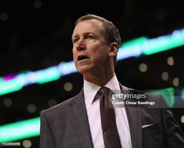 Head coach Terry Stotts of the Portland Trail Blazers looks on during the game against the Boston Celtics at TD Garden on February 4, 2018 in Boston,...