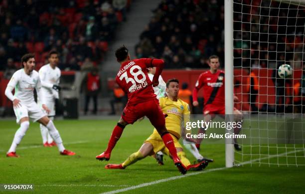 Karim Bellarabi of Leverkusen scores the 3rd goal during extra time during the DFB Cup quarter final match between Bayer Leverkusen and Werder Bremen...