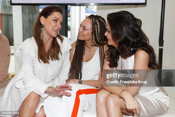 Simone Ballack, Lilly Becker and Shermine Shahrivar during the presentation of the new hairfree campaign on February 6, 2018 in Darmstadt, Germany.