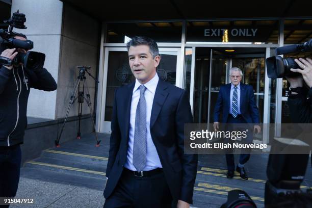 Former Uber CEO Travis Kalanick leaves the Philip Burton Federal Building after testifying on day two of the trial between Waymo and Uber...