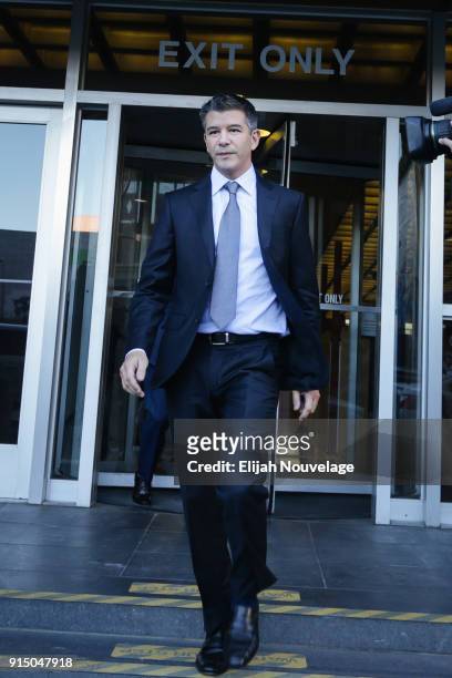 Former Uber CEO Travis Kalanick leaves the Philip Burton Federal Building after testifying on day two of the trial between Waymo and Uber...