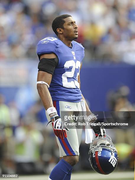 Corey Webster of the New York Giants looks on against the Washington Redskins during their game on September 13, 2009 at Giants Stadium in East...