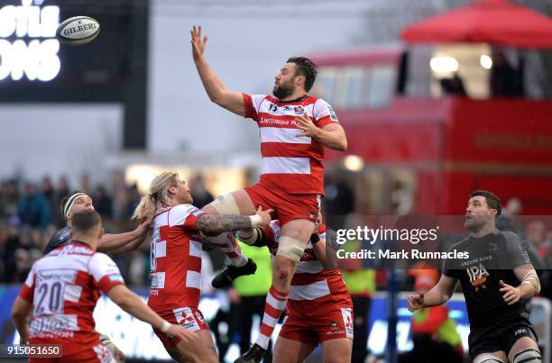 Jeremy Thrush of Gloucester Rugby challenges for the ball in the air from a line out during the Anglo-Welsh Cup match between Newcastle Falcons and...