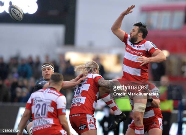 Jeremy Thrush of Gloucester Rugby challenges for the ball in the air from a line out during the Anglo-Welsh Cup match between Newcastle Falcons and...