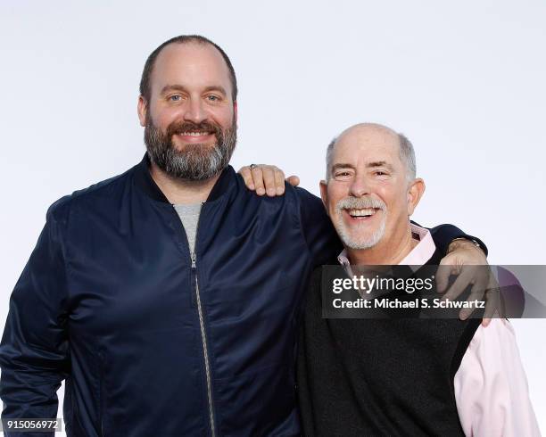 Comedian Tom Segura and Ice House owner Bob Fisher pose during their appearance at The Ice House Comedy Club on February 3, 2018 in Pasadena,...