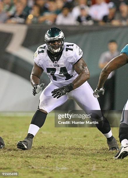 Offensive tackle Jason Peters of the Philadelphia Eagles pass blocks during a game against the Jacksonville Jaguars on August 27, 2009 at Lincoln...