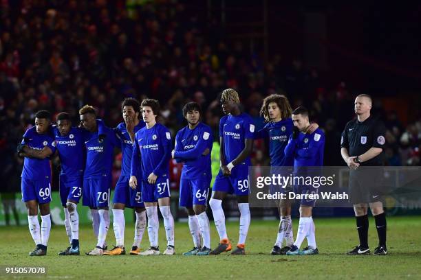 The Chelsea team watch as they lose to Lincoln City during penalty shoot out of the Checkatrade Trophy - Semi Final match between Lincoln City and...