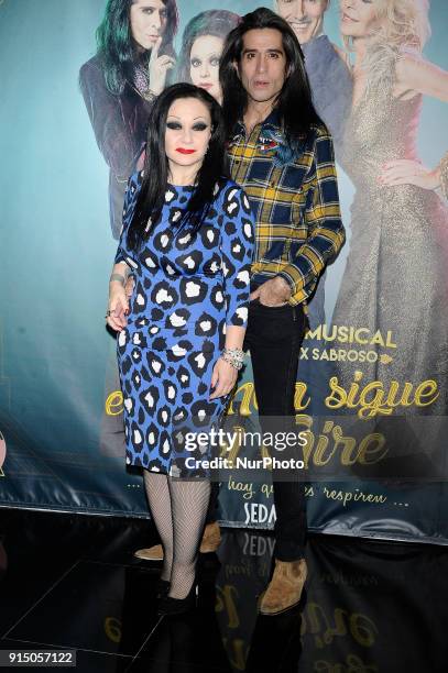 Spanish singer Alaska, Olvido Gara and Mario Vaquerizo attend the 'El Amor Sigue En El Aire' photocall at Vincci Capitol Hotel on February 6, 2018 in...