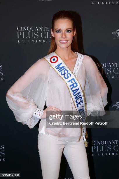 Miss France 2018 Maeva Coucke attends the "Fifty Shades Freed - 50 Nuances Plus Clair" Paris Premiere at Salle Pleyel on February 6, 2018 in Paris,...