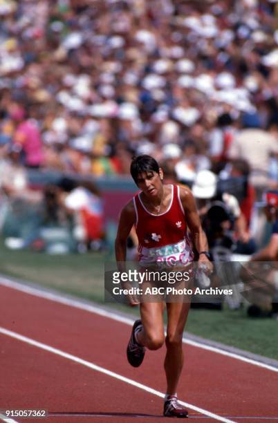 Los Angeles, CA Gabriela Andersen-Schiess, Women's Track marathon competition, Memorial Coliseum, at the 1984 Summer Olympics, August 5, 1984.