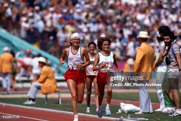 Los Angeles, CA Rita Borralho, Maria Ferreira, Women's Track marathon competition, Memorial Coliseum, at the 1984 Summer Olympics, August 5, 1984.