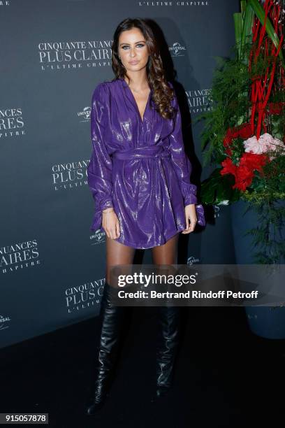 Miss France 2010 Malika Menard attends the "Fifty Shades Freed - 50 Nuances Plus Clair" Paris Premiere at Salle Pleyel on February 6, 2018 in Paris,...