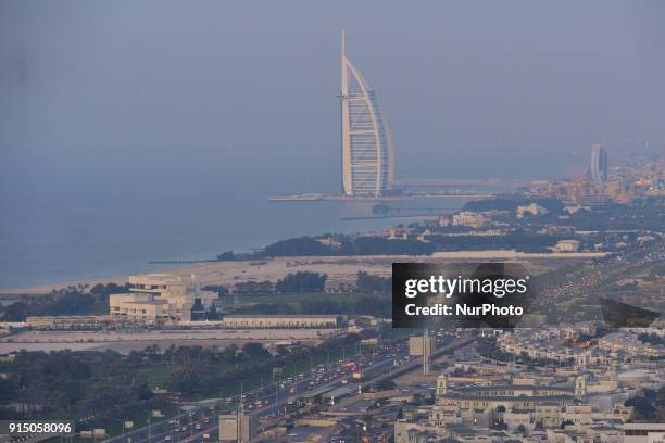 Panoramic view of the Burj al-Arab luxury hotel and the area around at night, from the Media One Hotel. On Tuesday, February 6 in Dubai, United Arab...