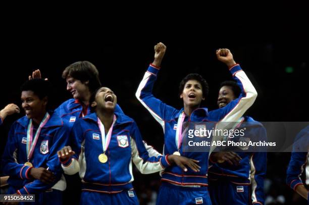 Anne Donovan, Cathy Boswell, Cheryl Miller, US team, Women's basketball medal ceremony, The Forum, at the 1984 Summer Olympics, August 7, 1984.