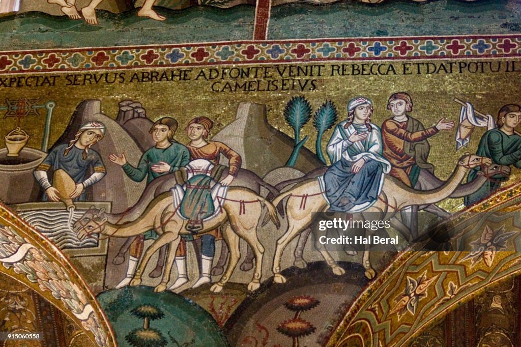 Mosacis in the Palatine Chapel of the Norman Palace showing Rebecca at the well