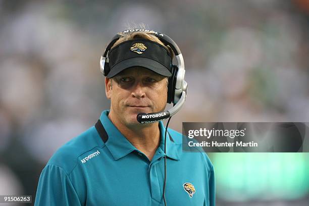 Head coach Jack Del Rio of the Jacksonville Jaguars stands on the sideline during a game against the Philadelphia Eagles on August 27, 2009 at...