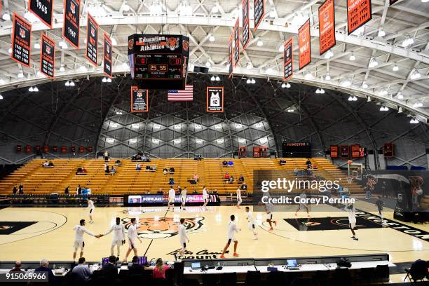 The Princeton Tigers warm up before the game against the Pennsylvania Quakers at L. Stockwell Jadwin Gymnasium on February 6, 2018 in Princeton, New...