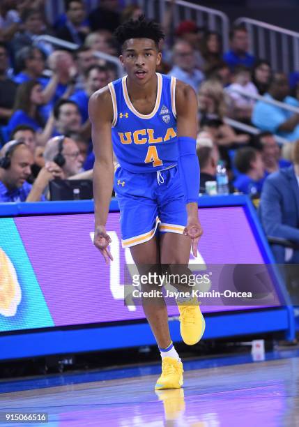 Jaylen Hands of the UCLA Bruins heads down court after a 3-point basket during the game against the USC Trojans at Pauley Pavilion on February 3,...