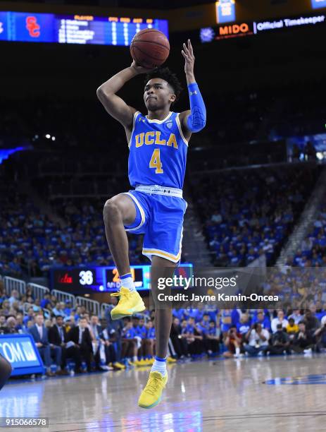 Jaylen Hands of the UCLA Bruins looks to take a shot in the game against the USC Trojans at Pauley Pavilion on February 3, 2018 in Los Angeles,...