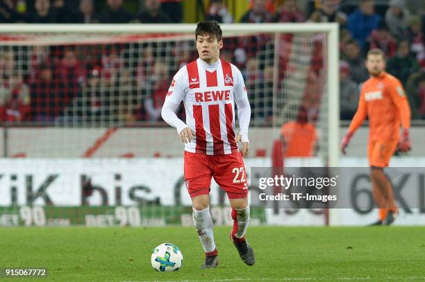 Jorge Mere of Koeln controls the ball during the Bundesliga match between 1. FC Koeln and Borussia Moenchengladbach at RheinEnergieStadion on January...