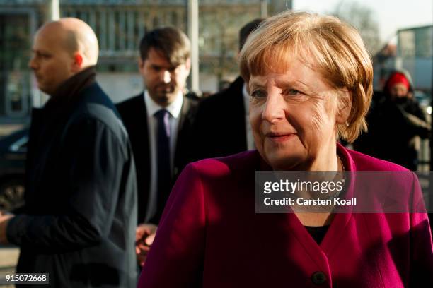 German Chancellor and leader of the Christian Democratic Union Angela Merkel speaks to the media about the coalition negotiations at CDU headquarter...