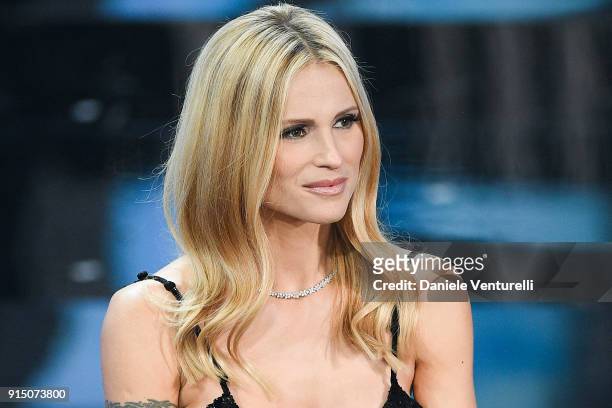 Michelle Hunziker attends the first night of the 68. Sanremo Music Festival on February 6, 2018 in Sanremo, Italy.