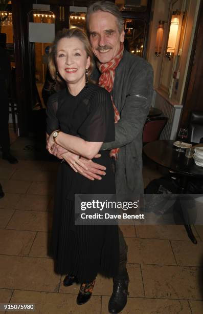 Cast members Lesley Manville and Jeremy Irons attend the press night after party of "Long Day's Journey Into Night" at Browns on February 6, 2018 in...