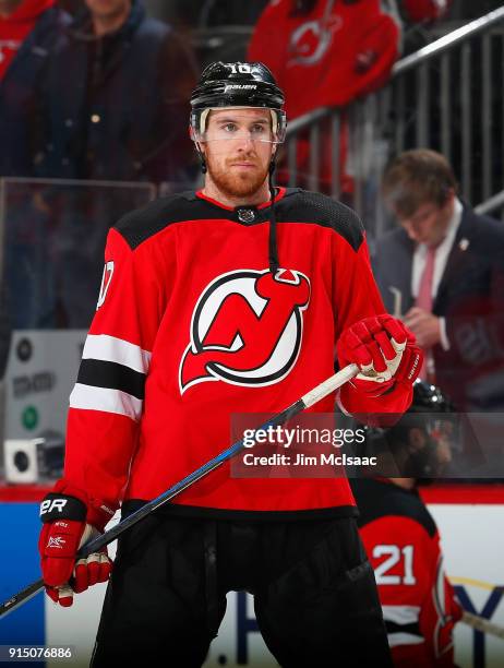 Jimmy Hayes of the New Jersey Devils warms up before a game against the Philadelphia Flyers on February 1, 2018 at Prudential Center in Newark, New...