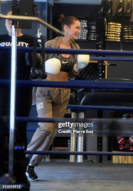 Bella Hadid is seen boxing on February 6, 2018 in New York City.