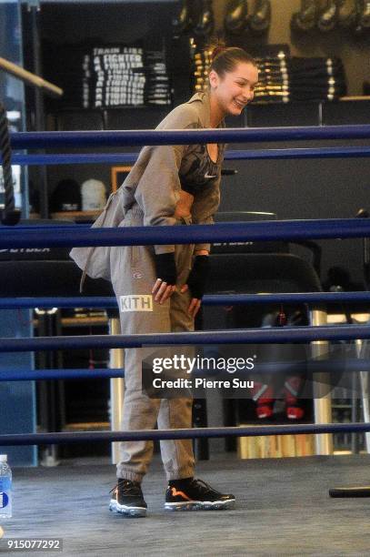 Bella Hadid is seen boxing on February 6, 2018 in New York City.