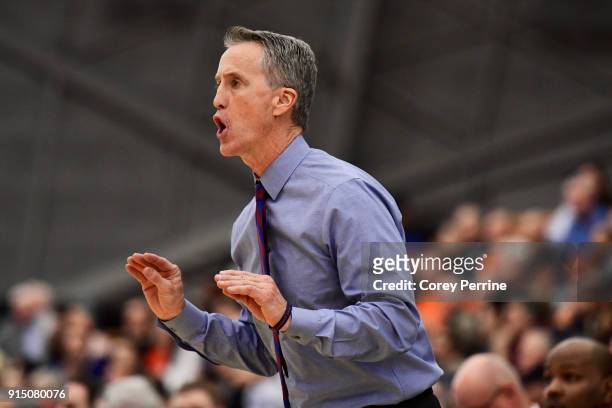 Head coach Steve Donahue of the Pennsylvania Quakers calls to his team against the Princeton Tigers during the first half at L. Stockwell Jadwin...