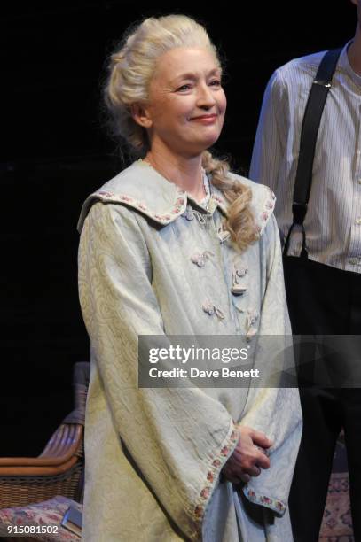 Cast member Lesley Manville bows at the curtain call during the press night performance of "Long Day's Journey Into Night" at Wyndhams Theatre on...