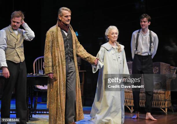 Cast members Rory Keenan, Jeremy Irons, Lesley Manville and Matthew Beard bow at the curtain call during the press night performance of "Long Day's...
